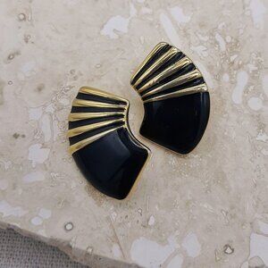 VTG Trifari Gold & Black Enamel 80's Fan Style Post Back Earrings